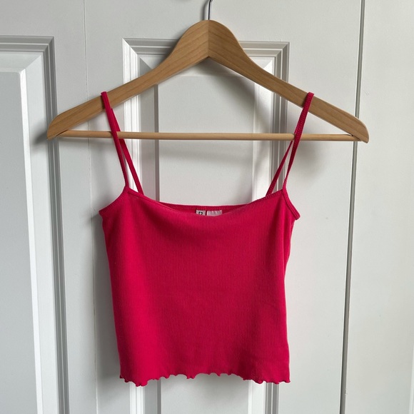 Red Spaghetti Strap Crop Top with Lettuce Edge - Picture 6 of 7